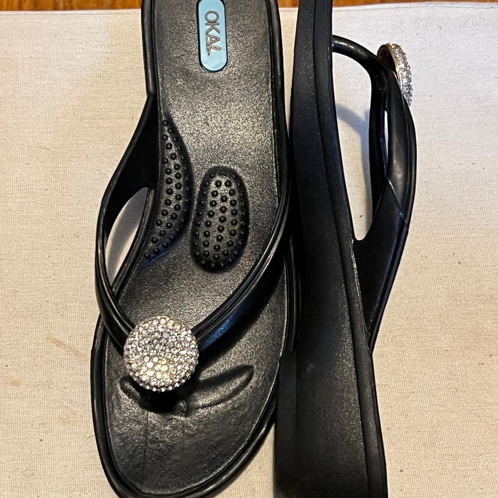 OKA b. Black and Silver Sandals with Rhinestone Embellishments - Picture 4 of 6